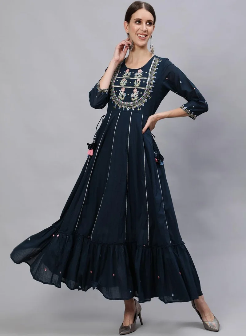 آي شين Women'S Navy Blue 100% Cotton Self Design Kurta